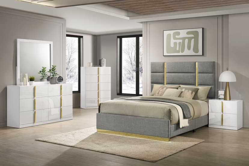 Ines 5-piece Queen Bedroom Set Grey and White High Gloss